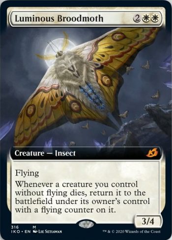 Card Name: Luminous Broodmoth. Mana Cost: {2}{W}{W}. Card Oracle Text: FlyingWhenever a creature you control without flying dies, return it to the battlefield under its owner's control with a flying counter on it.. Power/Toughness: 3/4