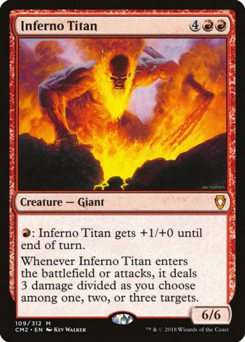 Card Name: Inferno Titan. Mana Cost: {4}{R}{R}. Card Oracle Text: {R}: Inferno Titan gets +1/+0 until end of turn.Whenever Inferno Titan enters the battlefield or attacks, it deals 3 damage divided as you choose among one, two, or three targets.. Power/Toughness: 6/6