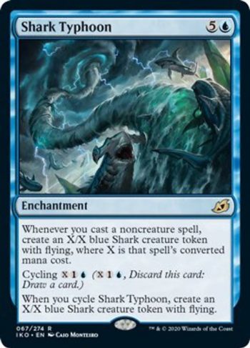Card Name: Shark Typhoon. Mana Cost: {5}{U}. Card Oracle Text: Whenever you cast a noncreature spell, create an X/X blue Shark creature token with flying, where X is that spell's converted mana cost.Cycling {X}{1}{U} ({X}{1}{U}, Discard this card: Draw a card.)When you cycle Shark Typhoon, create an X/X blue Shark creature token with flying.