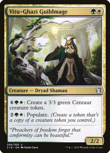 Card Name: Vitu-Ghazi Guildmage. Mana Cost: {G}{W}. Card Oracle Text: {4}{G}{W}: Create a 3/3 green Centaur creature token.{2}{G}{W}: Populate. (Create a token that's a copy of a creature token you control.). Power/Toughness: 2/2