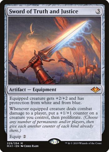 Card Name: Sword of Truth and Justice. Mana Cost: {3}. Card Oracle Text: Equipped creature gets +2/+2 and has protection from white and from blue.Whenever equipped creature deals combat damage to a player, put a +1/+1 counter on a creature you control, then proliferate. (Choose any number of permanents and/or players, then give each another counter of each kind already there.)Equip {2}