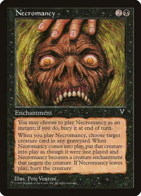 Card Name: Necromancy. Mana Cost: {2}{B}. Card Oracle Text: You may cast Necromancy as though it had flash. If you cast it any time a sorcery couldn't have been cast, the controller of the permanent it becomes sacrifices it at the beginning of the next cleanup step.When Necromancy enters the battlefield, if it's on the battlefield, it becomes an Aura with 