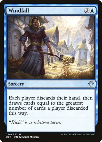 Card Name: Windfall. Mana Cost: {2}{U}. Card Oracle Text: Each player discards their hand, then draws cards equal to the greatest number of cards a player discarded this way.