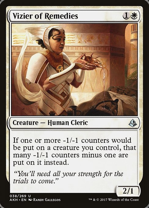Card Name: Vizier of Remedies. Mana Cost: {1}{W}. Card Oracle Text: If one or more -1/-1 counters would be put on a creature you control, that many -1/-1 counters minus one are put on it instead.. Power/Toughness: 2/1