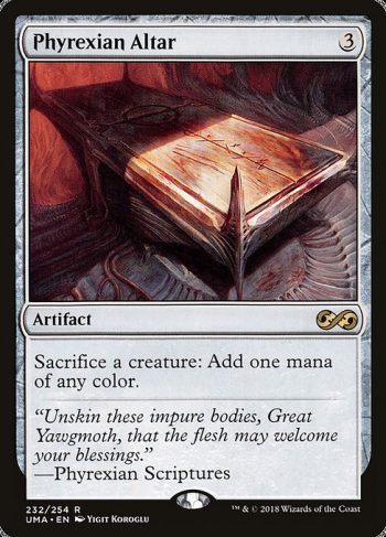 Card Name: Phyrexian Altar. Mana Cost: {3}. Card Oracle Text: Sacrifice a creature: Add one mana of any color.