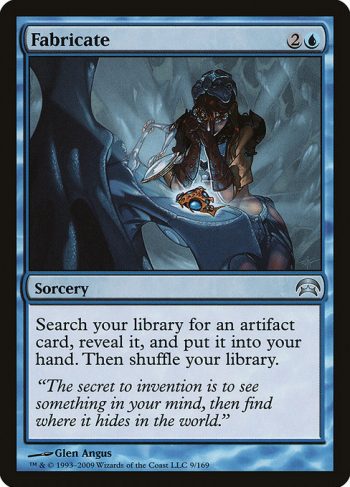 Card Name: Fabricate. Mana Cost: {2}{U}. Card Oracle Text: Search your library for an artifact card, reveal it, and put it into your hand. Then shuffle your library.