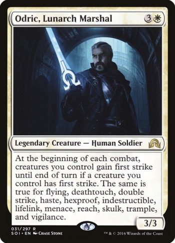 Card Name: Odric, Lunarch Marshal. Mana Cost: {3}{W}. Card Oracle Text: At the beginning of each combat, creatures you control gain first strike until end of turn if a creature you control has first strike. The same is true for flying, deathtouch, double strike, haste, hexproof, indestructible, lifelink, menace, reach, skulk, trample, and vigilance.. Power/Toughness: 3/3