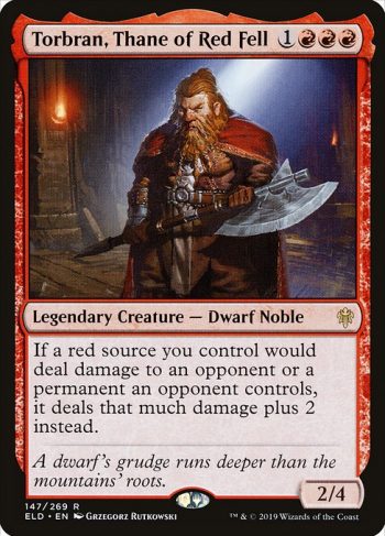 Card Name: Torbran, Thane of Red Fell. Mana Cost: {1}{R}{R}{R}. Card Oracle Text: If a red source you control would deal damage to an opponent or a permanent an opponent controls, it deals that much damage plus 2 instead.. Power/Toughness: 2/4