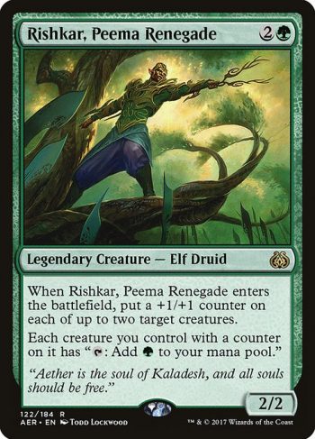 Card Name: Rishkar, Peema Renegade. Mana Cost: {2}{G}. Card Oracle Text: When Rishkar, Peema Renegade enters the battlefield, put a +1/+1 counter on each of up to two target creatures.Each creature you control with a counter on it has 