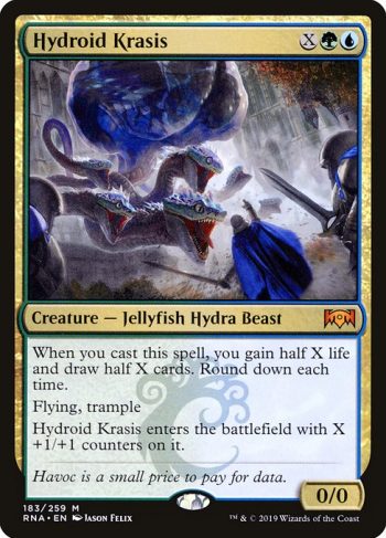 Card Name: Hydroid Krasis. Mana Cost: {X}{G}{U}. Card Oracle Text: When you cast this spell, you gain half X life and draw half X cards. Round down each time.Flying, trampleHydroid Krasis enters the battlefield with X +1/+1 counters on it.. Power/Toughness: 0/0