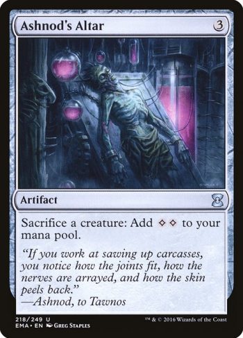 Card Name: Ashnod's Altar. Mana Cost: {3}. Card Oracle Text: Sacrifice a creature: Add {C}{C}.