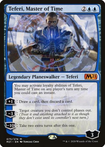 Card Name: Teferi, Master of Time. Mana Cost: {2}{U}{U}. Card Oracle Text: You may activate loyalty abilities of Teferi, Master of Time on any player's turn any time you could cast an instant.+1: Draw a card, then discard a card.−3: Target creature you don't control phases out. (Treat it and anything attached to it as though they don't exist until its controller's next turn.)−10: Take two extra turns after this one.
