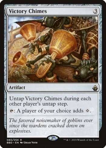Card Name: Victory Chimes. Mana Cost: {3}. Card Oracle Text: Untap Victory Chimes during each other player's untap step.{T}: A player of your choice adds {C}.