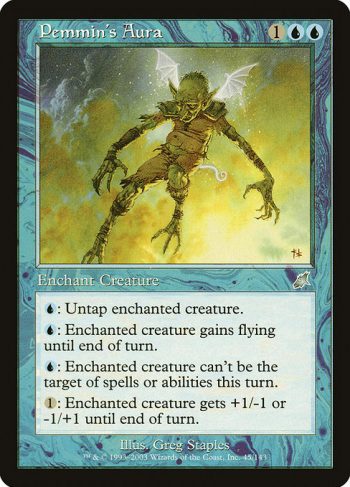 Card Name: Pemmin's Aura. Mana Cost: {1}{U}{U}. Card Oracle Text: Enchant creature{U}: Untap enchanted creature.{U}: Enchanted creature gains flying until end of turn.{U}: Enchanted creature gains shroud until end of turn. (It can't be the target of spells or abilities.){1}: Enchanted creature gets +1/-1 or -1/+1 until end of turn.