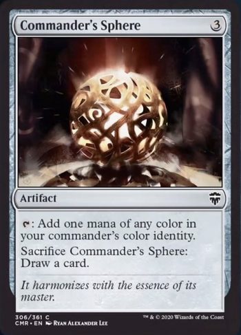 Card Name: Commander's Sphere. Mana Cost: {3}. Card Oracle Text: {T}: Add one mana of any color in your commander's color identity.Sacrifice Commander's Sphere: Draw a card.