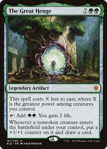 Card Name: The Great Henge. Mana Cost: {7}{G}{G}. Card Oracle Text: This spell costs {X} less to cast, where X is the greatest power among creatures you control.{T}: Add {G}{G}. You gain 2 life.Whenever a nontoken creature enters the battlefield under your control, put a +1/+1 counter on it and draw a card.