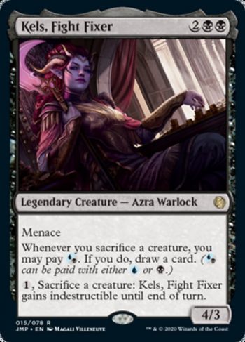 Card Name: Kels, Fight Fixer. Mana Cost: {2}{B}{B}. Card Oracle Text: MenaceWhenever you sacrifice a creature, you may pay {U/B}. If you do, draw a card. ({U/B} can be paid with either {U} or {B}.){1}, Sacrifice a creature: Kels, Fight Fixer gains indestructible until end of turn.. Power/Toughness: 4/3