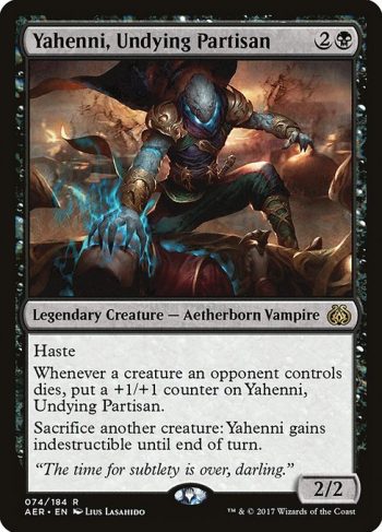 Card Name: Yahenni, Undying Partisan. Mana Cost: {2}{B}. Card Oracle Text: HasteWhenever a creature an opponent controls dies, put a +1/+1 counter on Yahenni, Undying Partisan.Sacrifice another creature: Yahenni gains indestructible until end of turn.. Power/Toughness: 2/2