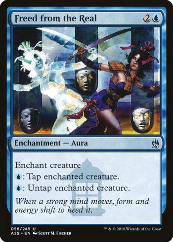 Card Name: Freed from the Real. Mana Cost: {2}{U}. Card Oracle Text: Enchant creature{U}: Tap enchanted creature.{U}: Untap enchanted creature.