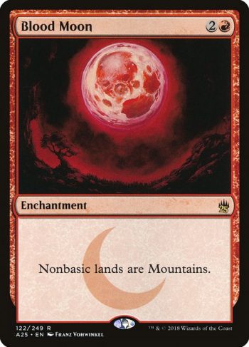 Card Name: Blood Moon. Mana Cost: {2}{R}. Card Oracle Text: Nonbasic lands are Mountains.