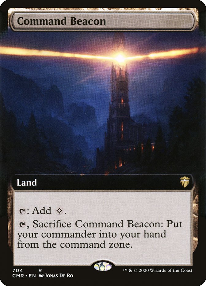 Card Name: Command Beacon. Mana Cost: . Card Oracle Text: {T}: Add {C}.{T}, Sacrifice Command Beacon: Put your commander into your hand from the command zone.
