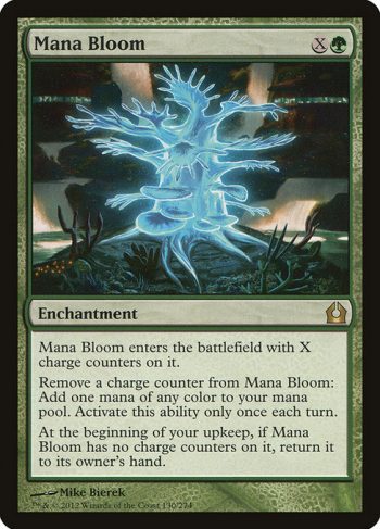 Card Name: Mana Bloom. Mana Cost: {X}{G}. Card Oracle Text: Mana Bloom enters the battlefield with X charge counters on it.Remove a charge counter from Mana Bloom: Add one mana of any color. Activate this ability only once each turn.At the beginning of your upkeep, if Mana Bloom has no charge counters on it, return it to its owner's hand.