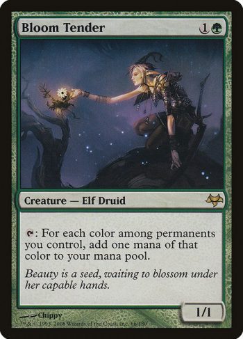 Card Name: Bloom Tender. Mana Cost: {1}{G}. Card Oracle Text: {T}: For each color among permanents you control, add one mana of that color.. Power/Toughness: 1/1