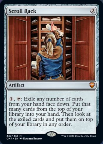 Card Name: Scroll Rack. Mana Cost: {2}. Card Oracle Text: {1}, {T}: Exile any number of cards from your hand face down. Put that many cards from the top of your library into your hand. Then look at the exiled cards and put them on top of your library in any order.