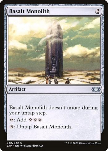 Card Name: Basalt Monolith. Mana Cost: {3}. Card Oracle Text: Basalt Monolith doesn't untap during your untap step.{T}: Add {C}{C}{C}.{3}: Untap Basalt Monolith.