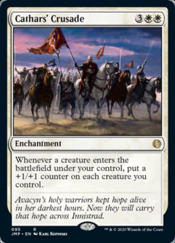 Card Name: Cathars' Crusade. Mana Cost: {3}{W}{W}. Card Oracle Text: Whenever a creature enters the battlefield under your control, put a +1/+1 counter on each creature you control.